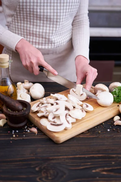 Woman Slicing Raw Champignon Mushrooms Wooden Cutting Board — Stock Photo, Image