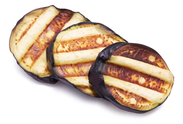 茄子片 放在烤架上烤 烤架上有条纹 烤架上有白色背景 — 图库照片