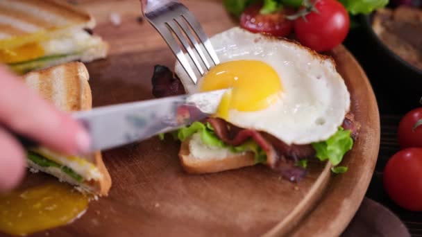Kızarmış Domuz Pastırmalı Tost Salata Domatesli Yumurta — Stok video