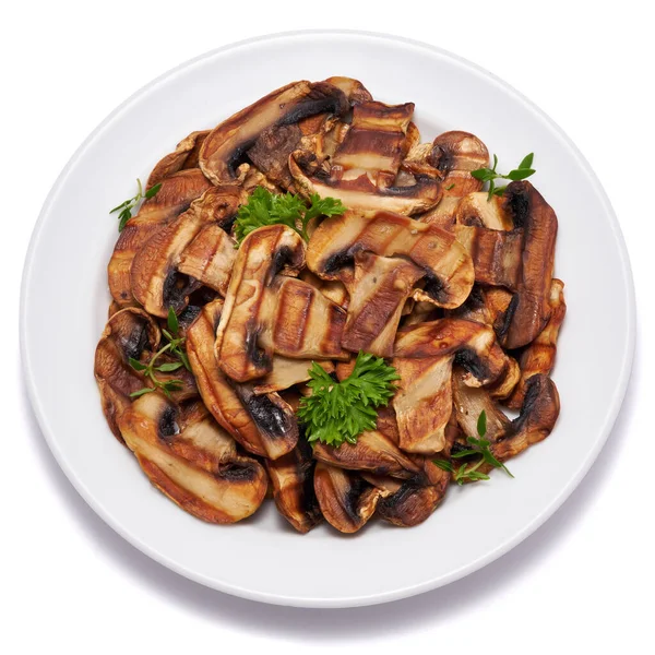 Grilled Slices Champignon Mushrooms Stripes Grill Ceramic Plate Isolated White — Stock Photo, Image