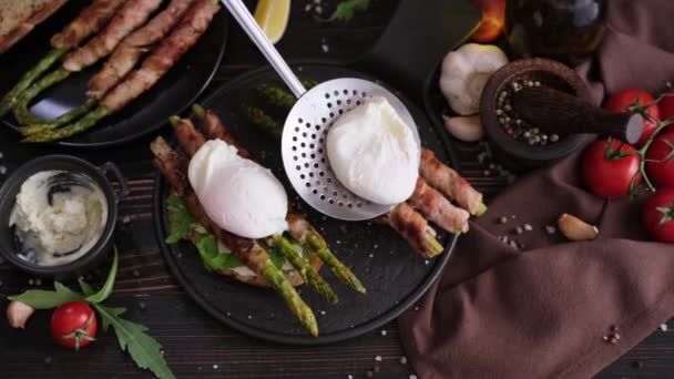 Asparagus Wrapped Bacon Cream Cheese Sandwiches Black Ceramic Serving Plate — Stock Video