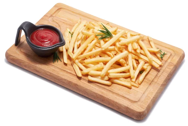 French Fries Potatoes Wooden Serving Board Isolated White Background — Stock Photo, Image