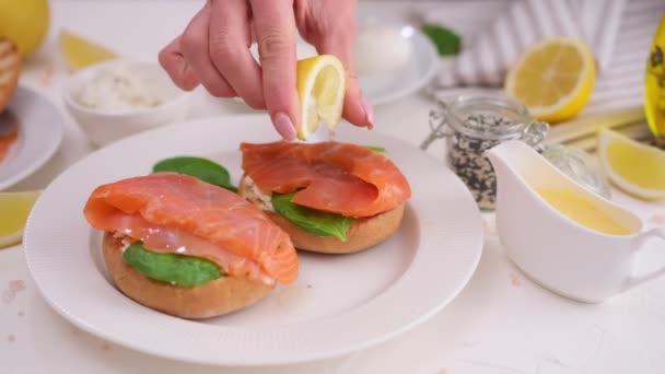 Making Salmon Fillet Sandwich Cream Cheese Domestic Kitchen — Stock Video