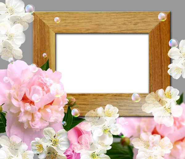 Peony and wooden frame — Stock Photo, Image