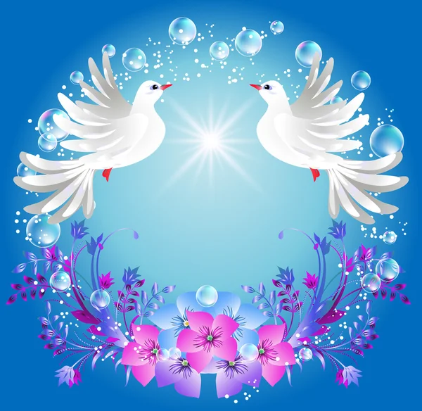 2 つの鳩と花 — ストックベクタ