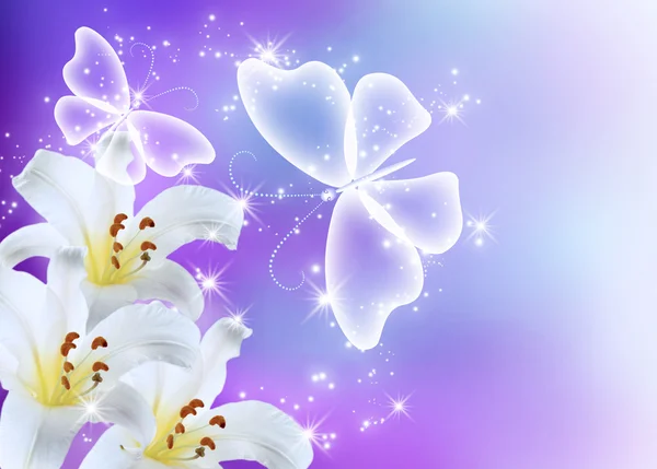 Liljor blomma och fjärilar — Stockfoto