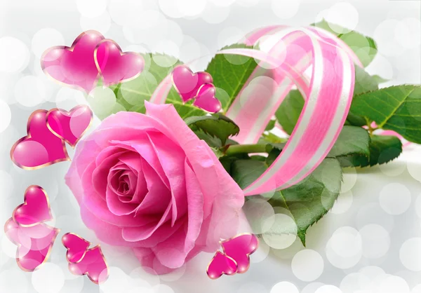 Pink rose and hearts — Stock Photo, Image