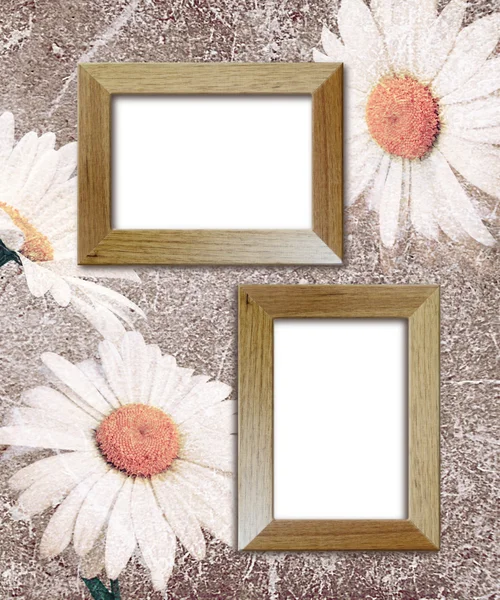 Grunge background with daisies and photo frame — Stock Photo, Image
