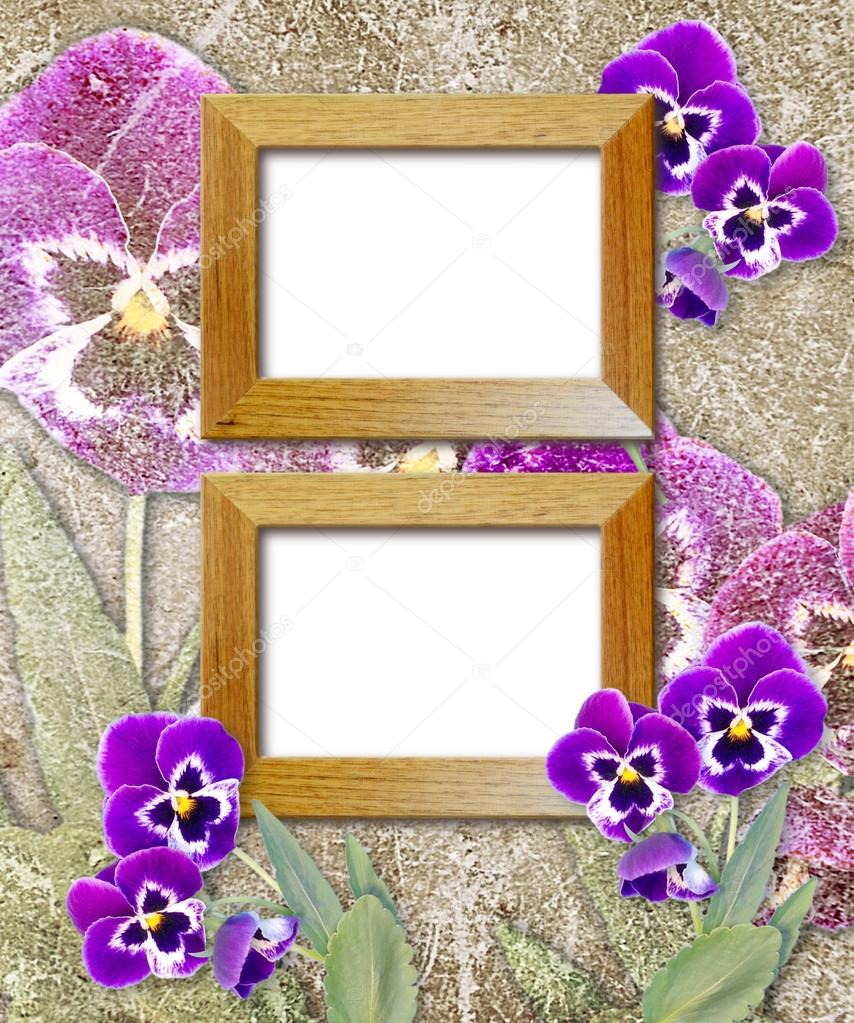 Pansy and wooden photo frame