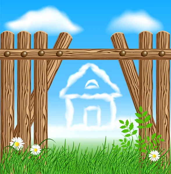 Дерев'яний паркан і хмари будинок — стоковий вектор