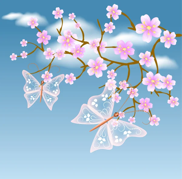 Kvetoucí strom na pozadí mraků — Stockový vektor
