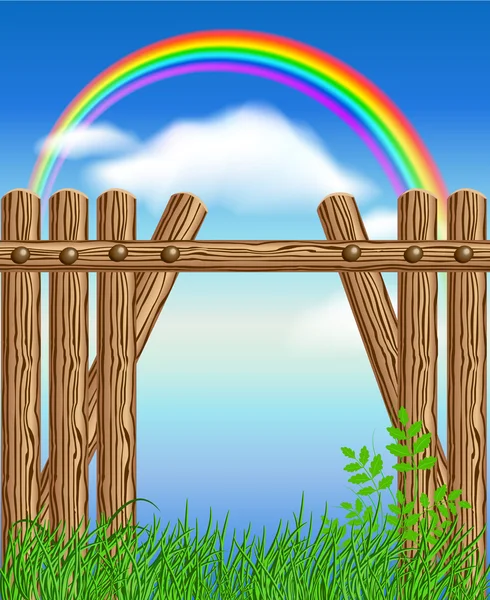 Houten hek op groen gras en regenboog — Stockvector