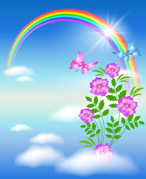 Arco iris en el cielo y flores — Vector de stock