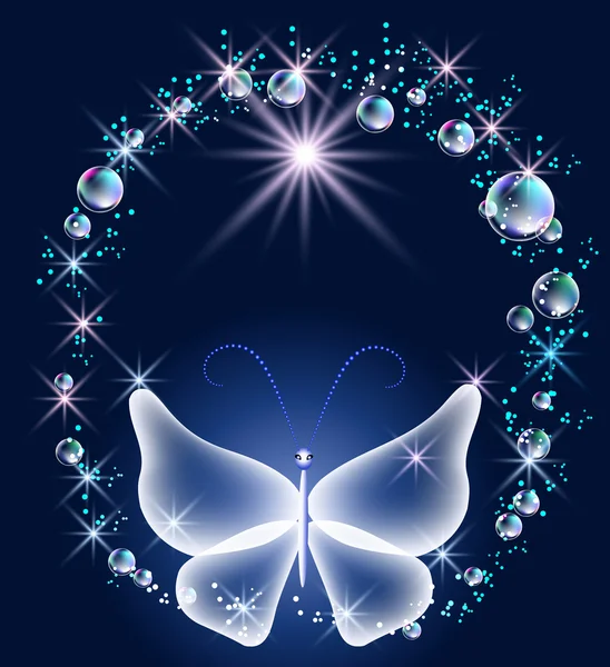 Mariposa transparente y burbujas — Vector de stock