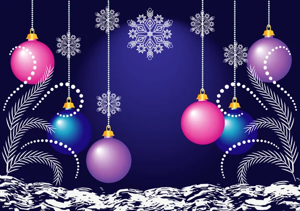 Boules de Noël colorées brillantes sur fond bleu — Image vectorielle