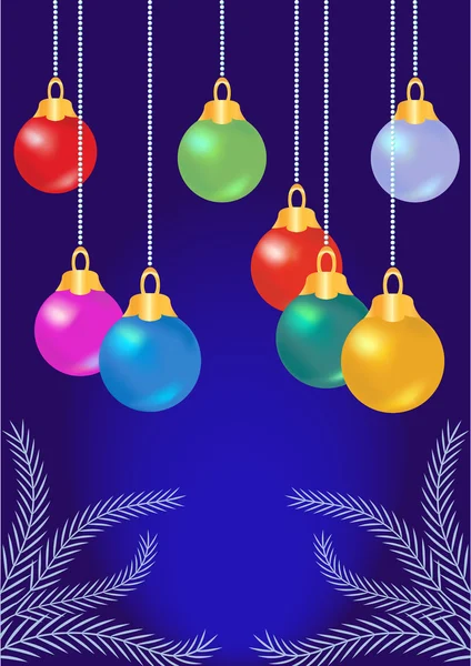 Glänzende bunte Weihnachtskugeln auf blauem Hintergrund — Stockvektor