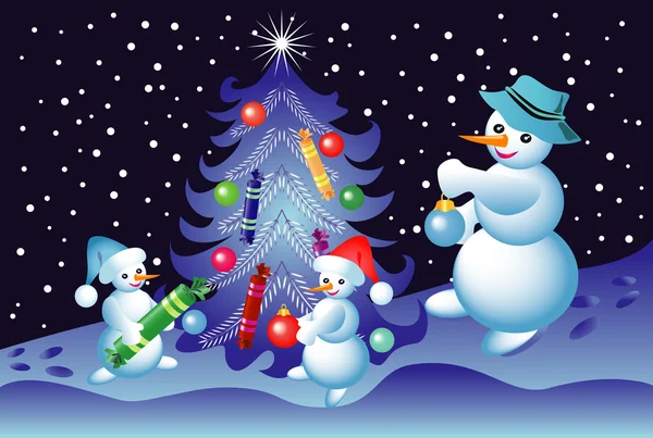 Weihnachtskarte mit Schneemännern — Stockvektor