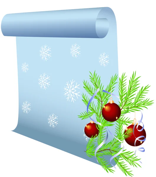 Sfondo natalizio con pergamena e palline — Vettoriale Stock