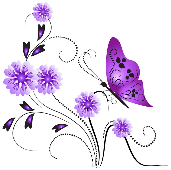 Adorno de flores con mariposa — Vector de stock