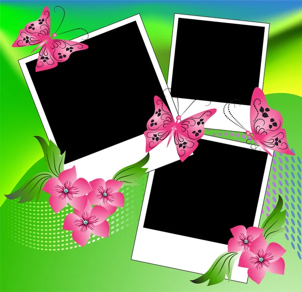 Diseño de página álbum de fotos con flores y mariposa — Vector de stock