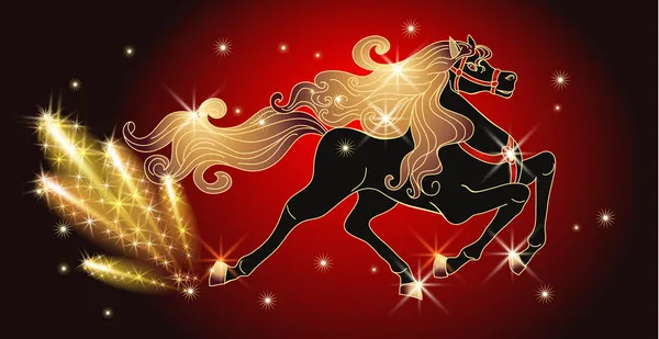 Kuda hitam Galloping dengan surai emas - Stok Vektor