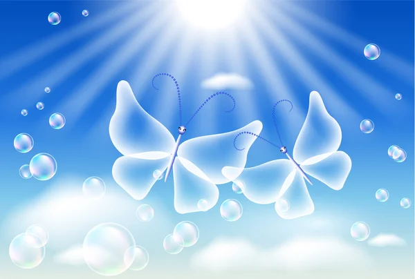 Clouds, butterfly and bubbles — Stock Vector