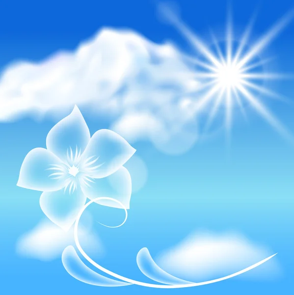 Clouds, sun and transparent flowers in the blue sky — Stock Vector