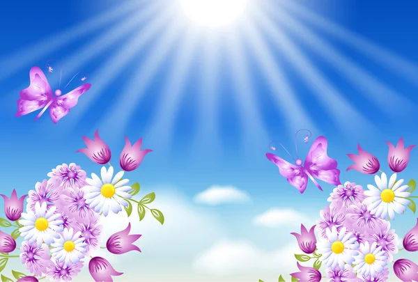 Blumen, Schmetterlinge und Sonne — Stockvektor