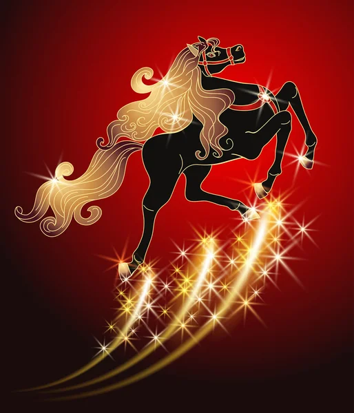 Galopujący koń czarny ze złotą grzywą na czerwonym tle — Wektor stockowy