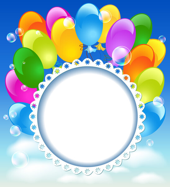 Greeting card with balloons in the blue sky