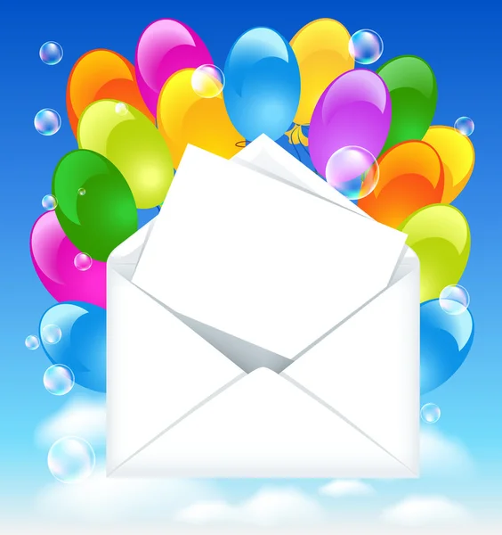 Открыть конверт с красочными воздушными шарами и буквой в облаках неба — стоковый вектор