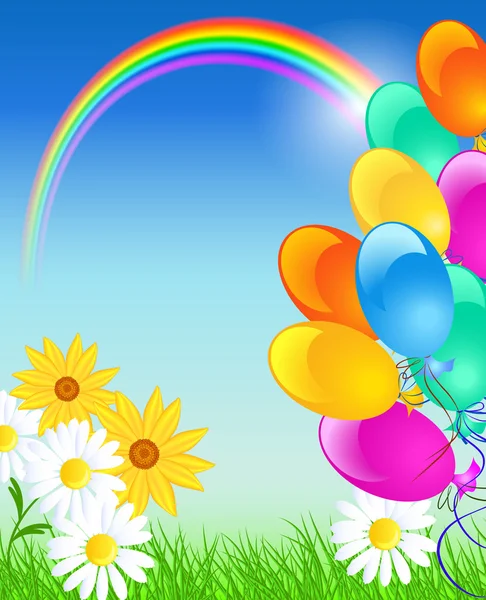 Flores do prado, arco-íris, balões e céu azul — Vetor de Stock