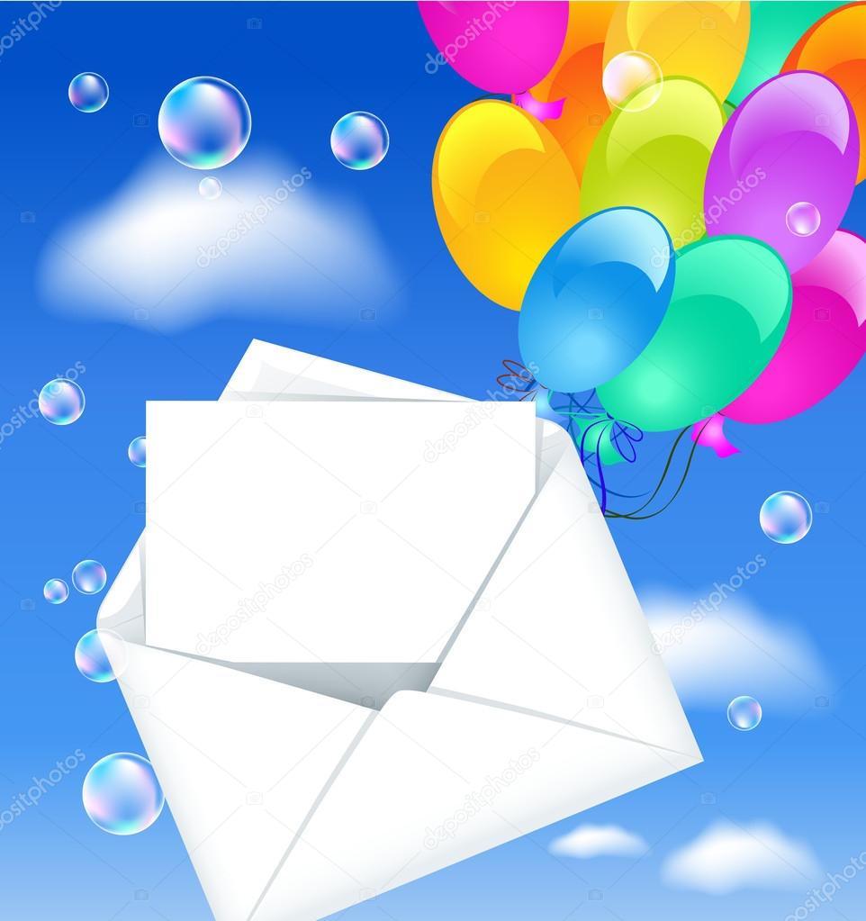 Open envelope with colorful balloons and letter in the clouds sky