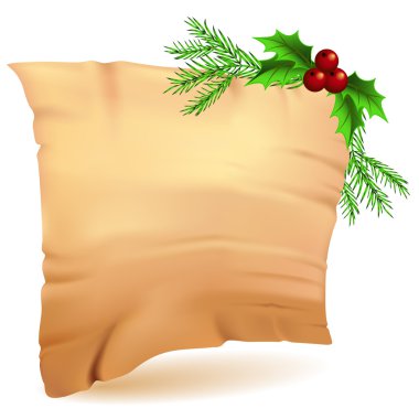 eski parşömen ve dekoratif christmas dalları holly ile çam fidanı