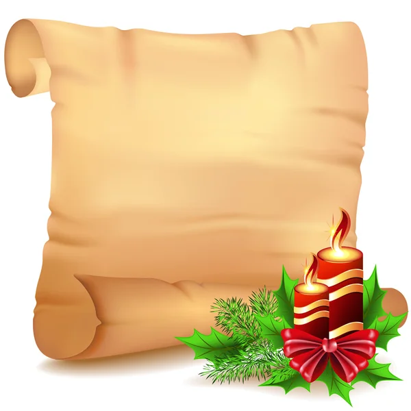 Vecchia pergamena e e candele decorative natalizie — Vettoriale Stock
