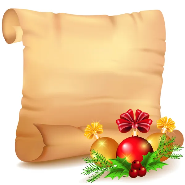 Altes Pergament und dekorative Weihnachtskugeln — Stockvektor