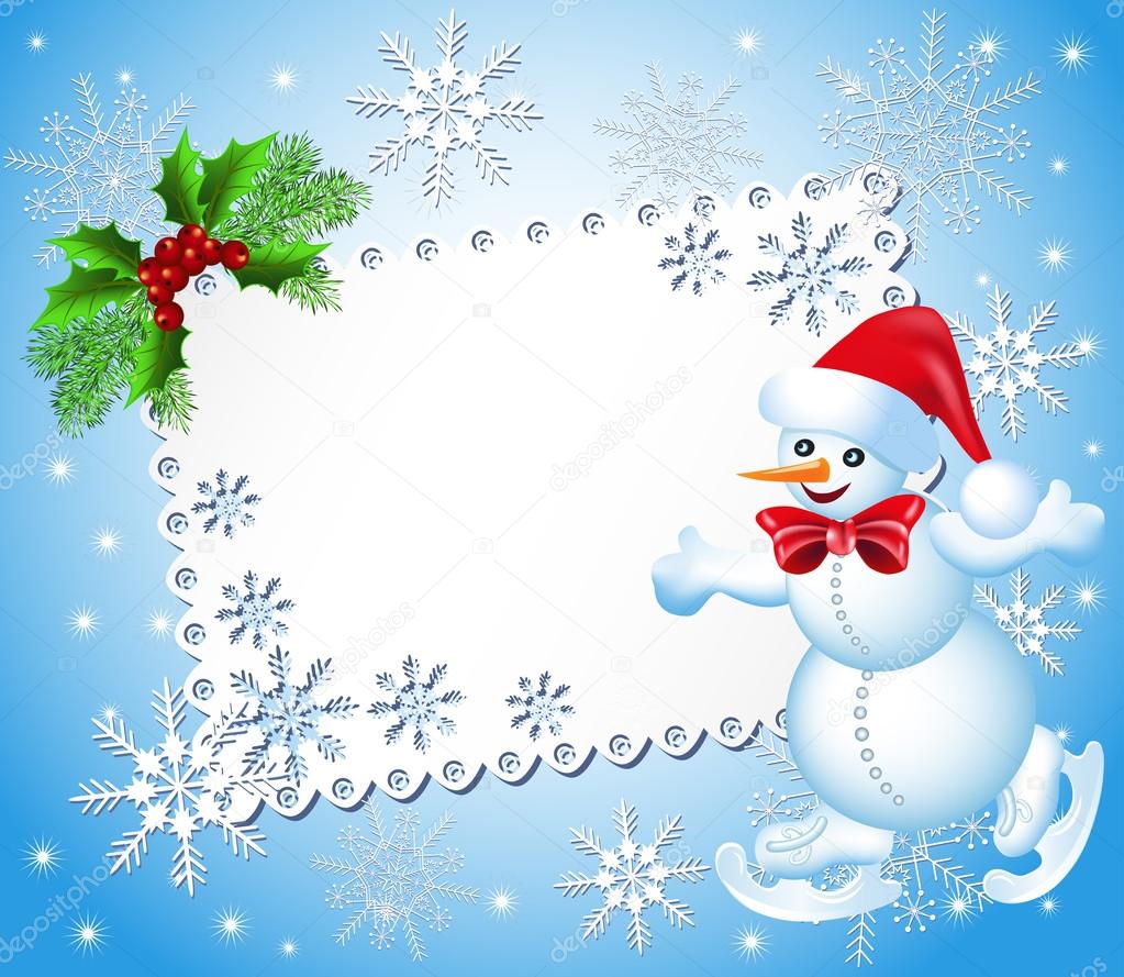 Christmas background with snowman skates and signboard