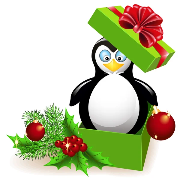 Pingüino en la caja de regalo de Navidad — Vector de stock