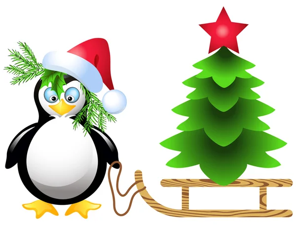 El pingüino está transportando el árbol de Navidad — Vector de stock