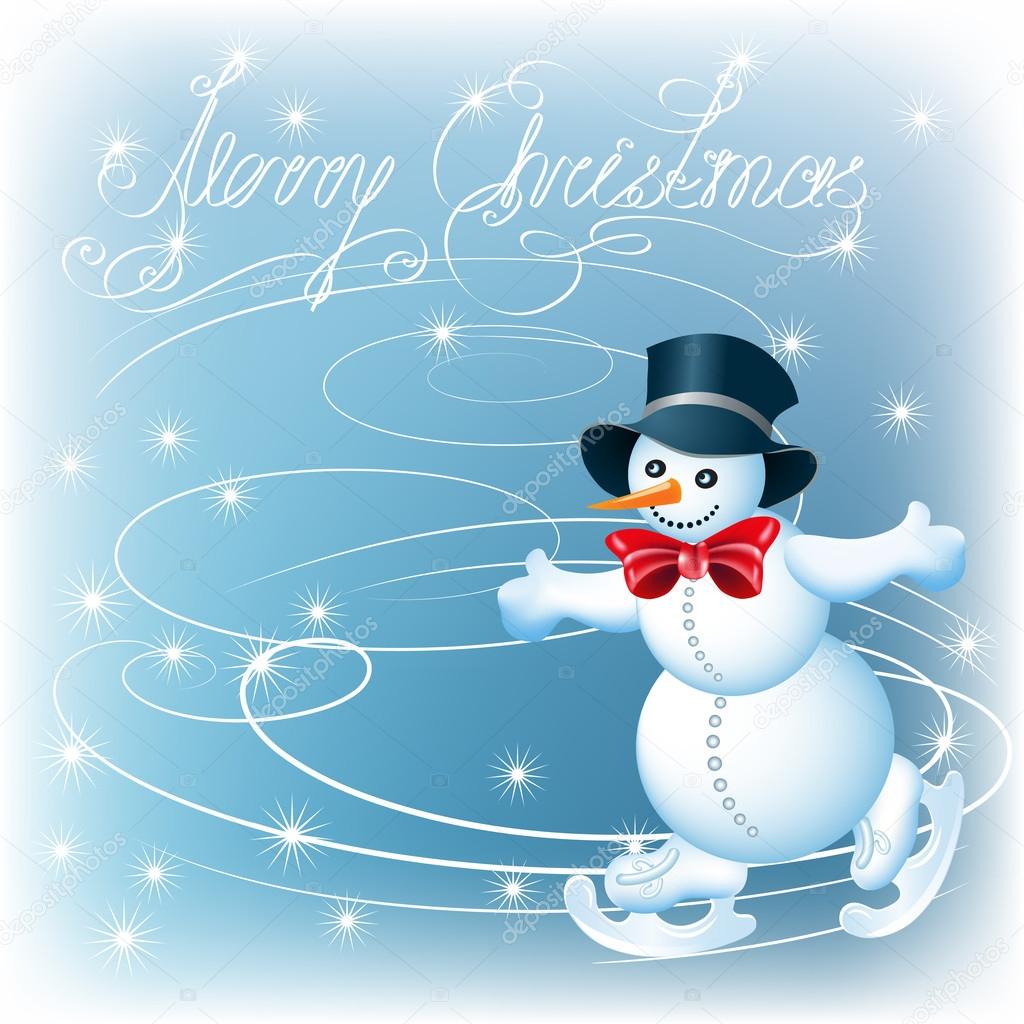 Snowman skates and text Merry Christmas