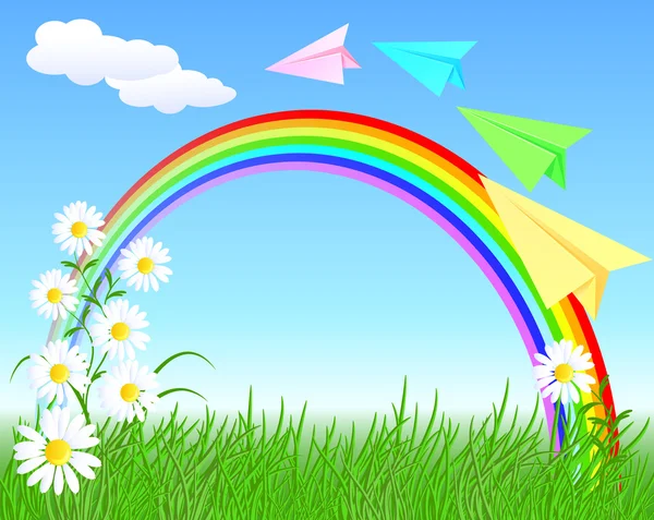 Kleurrijke papieren vliegtuigje en regenboog — Stockvector
