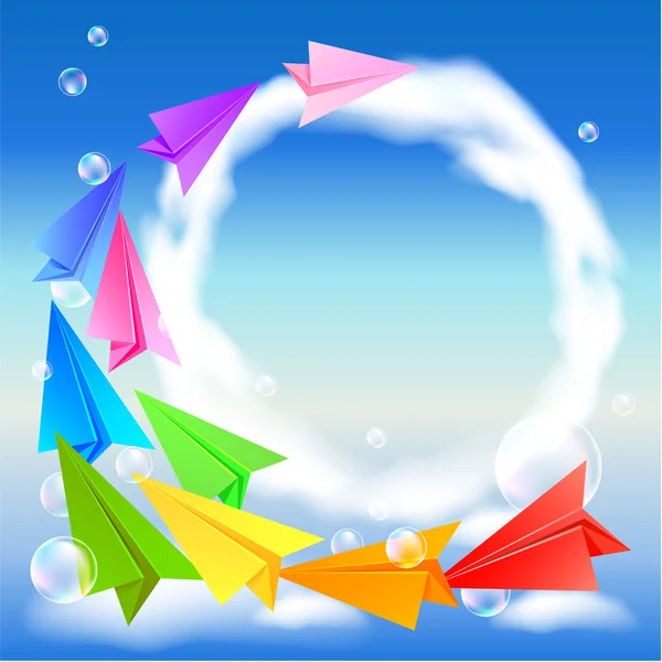 Paper airplanes flying round in the sky — Stock Vector