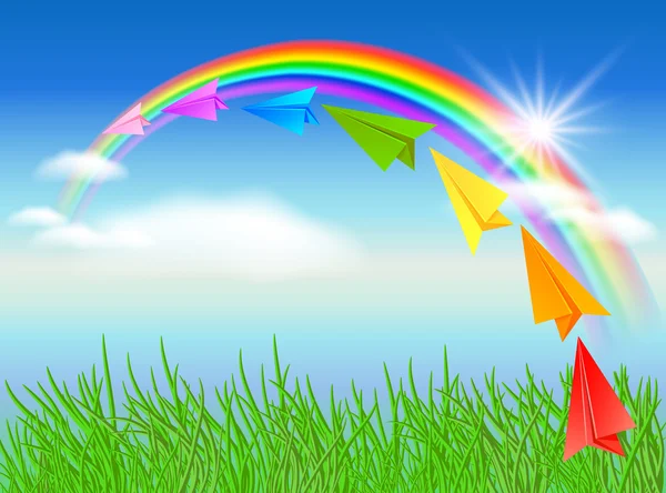 紙飛行機と虹 — ストックベクタ