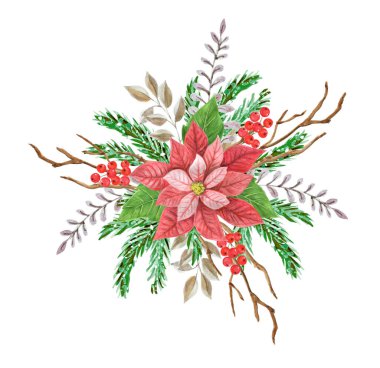 Noel dekoratif kompozisyonu, noktalı kırmızı yıldız, yeşillik, ladin, çam ağacı dalı ve kutsal böğürtlenler. Kart için yeni yıl tasarımı. Beyaz arkaplanda izole edilmiş element.