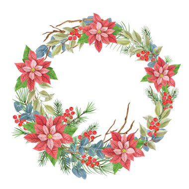 Noel dekoratif çelengi, noktalı çelenk, yeşillik, ladin, çam ağacı dalı ve kutsal meyveler. Yeni yıl çelengi. Yuvarlak çerçeve süsü. Beyaz arkaplanda izole.