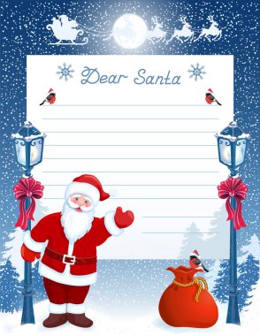 Noel Baba 'ya dilek listesi ve karikatür dolu Noel Baba' ya kış ormanı ve sokak lambalarına karşı hediye çantasıyla gelen komik Noel Baba.