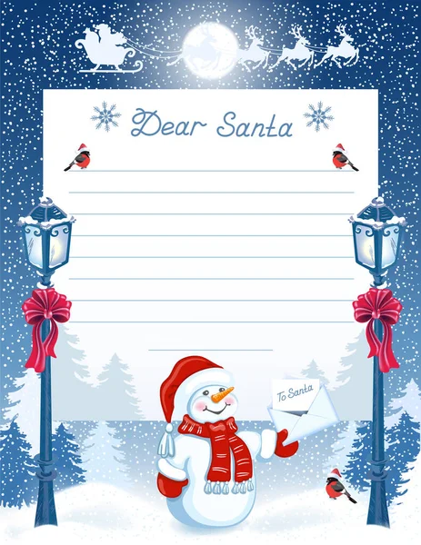 クリスマスレイアウトの手紙サンタクロースへの願いリストと漫画面白い雪だるま冬の森の背景や街灯に対する封筒に願い事リスト — ストックベクタ