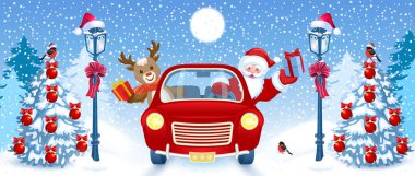 Noel Baba ve geyiklerin olduğu Noel kartı. Kırmızı renkli bir arabada. Hediye kutusuyla birlikte. Yeni yıl tasarım kartpostalı eski usul.