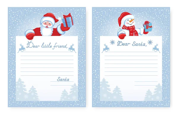 サンタクロースにクリスマスの手紙とサンタからの手紙を設定します レイアウトデザインはギフトボックスと面白い雪だるまとサンタクロースへの願いリスト — ストックベクタ