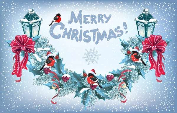 Świąteczna Kartka Gratulacyjna Świerkową Girlandą Klasycznymi Latarniami Ptakami Rocznika Kapeluszu — Wektor stockowy